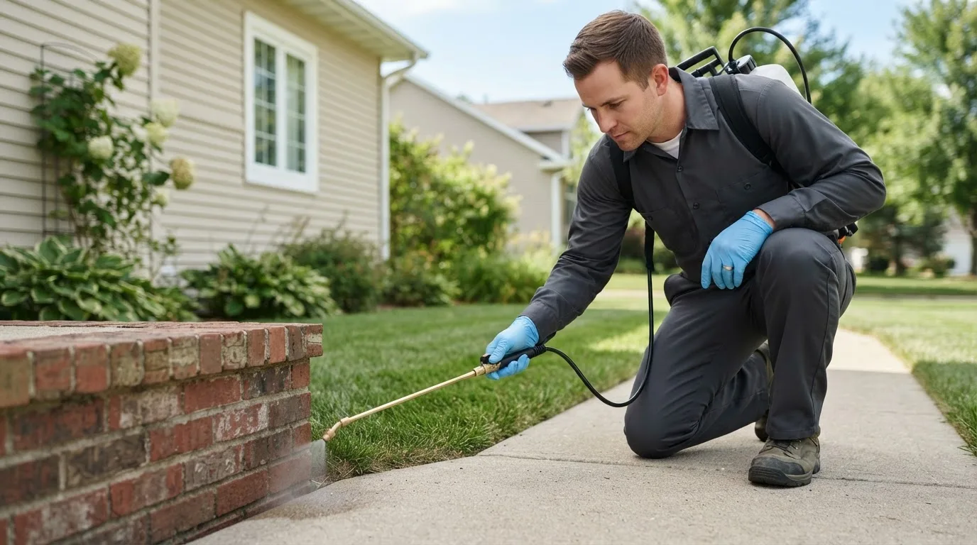 Pest control technician treating a home near Ganado, TX