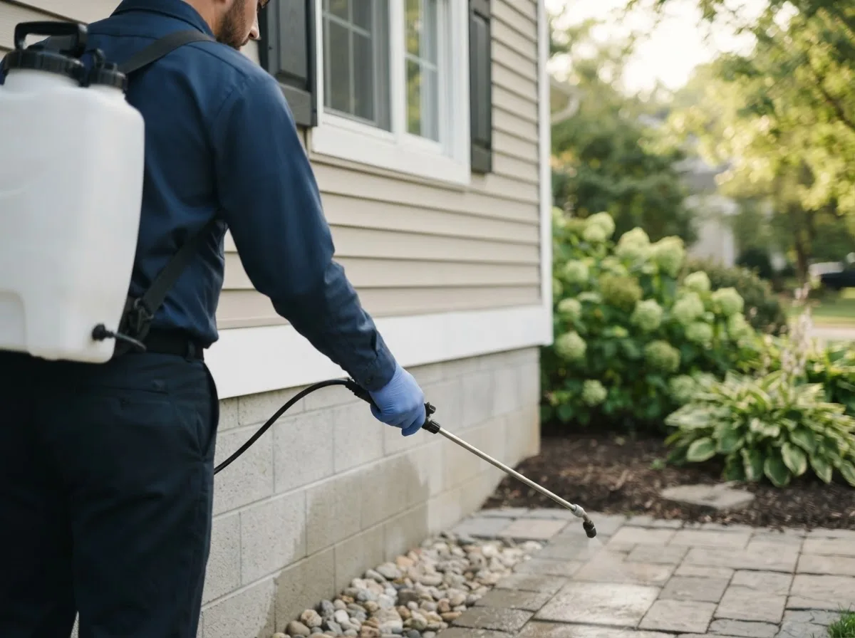 Pest control technician inspecting a home in Ganado, TX